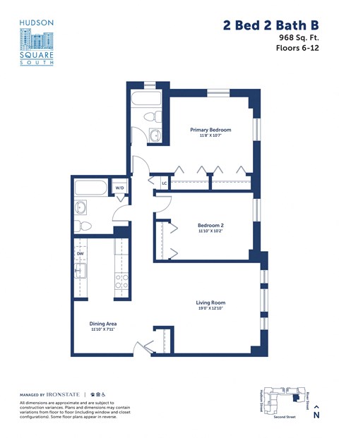 Floor plan for 2 beds, 2 baths, 968 sqft